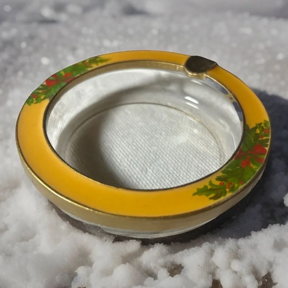 Vintage Personal Ashtray Enamel Glass & Metal Collectible Christmas Holly Berry